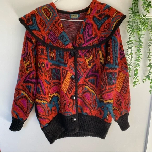 *SOLD* Giovanni Ferretti Vintage Vibrant Geometric Women's Cardigan Wool Size L - Picture 1 of 13